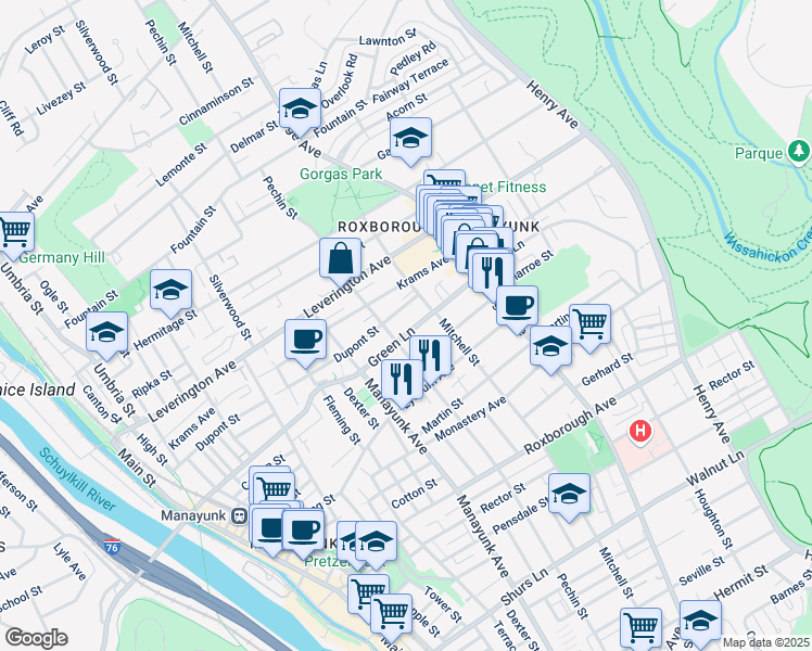 map of restaurants, bars, coffee shops, grocery stores, and more near 416 Green Lane in Philadelphia