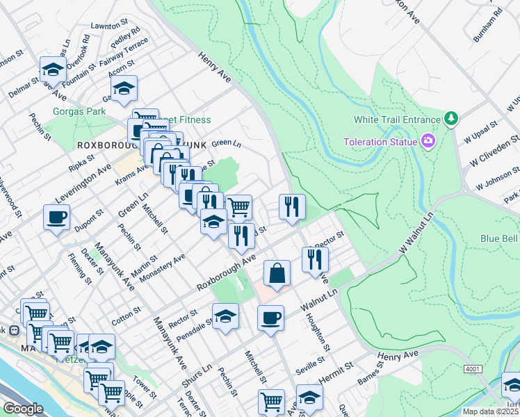 map of restaurants, bars, coffee shops, grocery stores, and more near 5955 Jannette Street in Philadelphia
