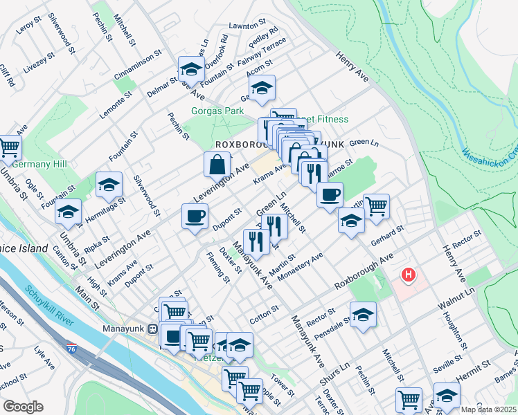 map of restaurants, bars, coffee shops, grocery stores, and more near 416 Green Lane in Philadelphia