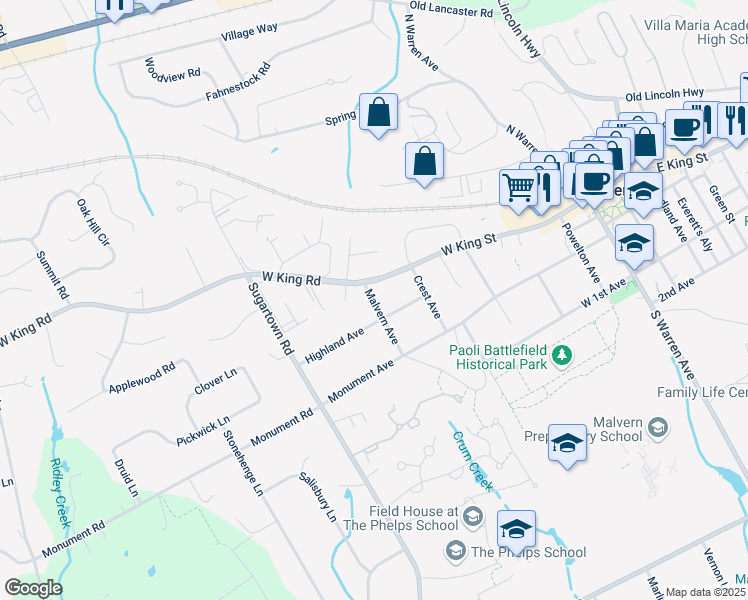 map of restaurants, bars, coffee shops, grocery stores, and more near in Malvern