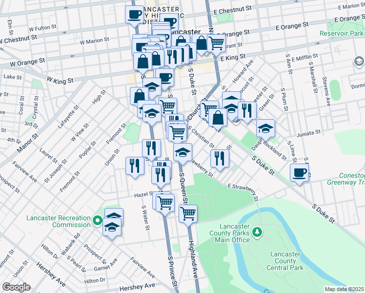 map of restaurants, bars, coffee shops, grocery stores, and more near 433 East Strawberry Street in Lancaster