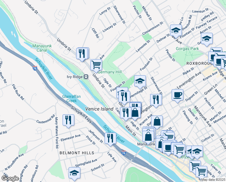 map of restaurants, bars, coffee shops, grocery stores, and more near 151 Fountain Street in Philadelphia