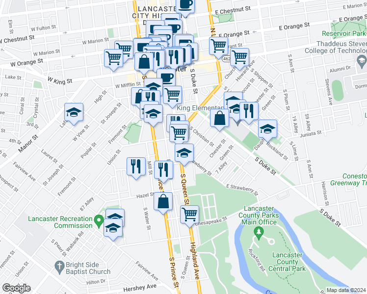 map of restaurants, bars, coffee shops, grocery stores, and more near 551 Howard Avenue in Lancaster