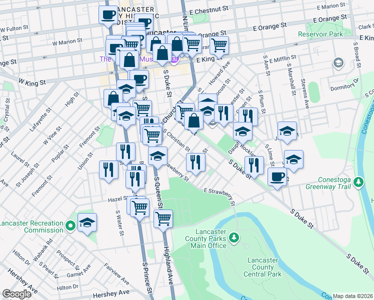 map of restaurants, bars, coffee shops, grocery stores, and more near 472 Atlantic Avenue in Lancaster
