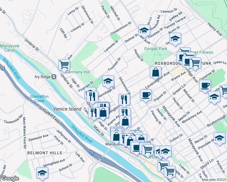 map of restaurants, bars, coffee shops, grocery stores, and more near 267 Hermitage Street in Philadelphia
