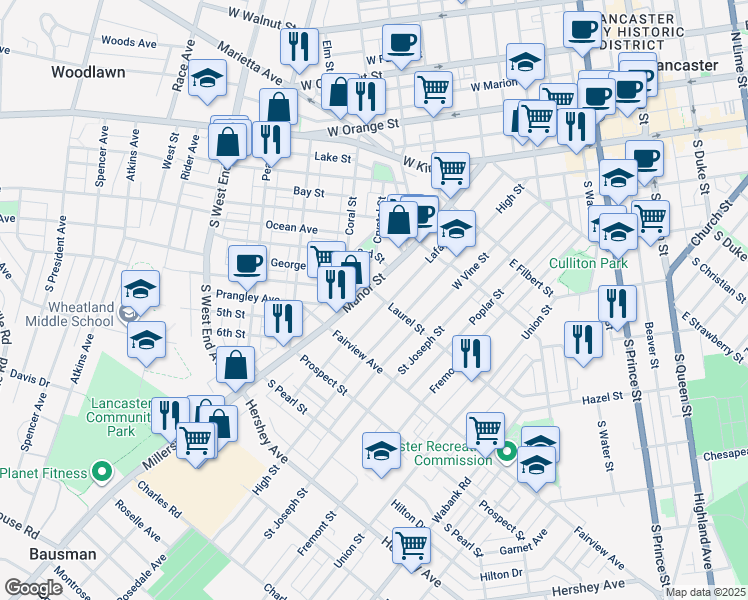 map of restaurants, bars, coffee shops, grocery stores, and more near 706 Manor Street in Lancaster