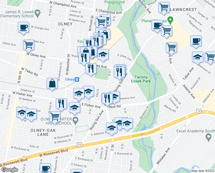 map of restaurants, bars, coffee shops, grocery stores, and more near 5402 B Street in Philadelphia
