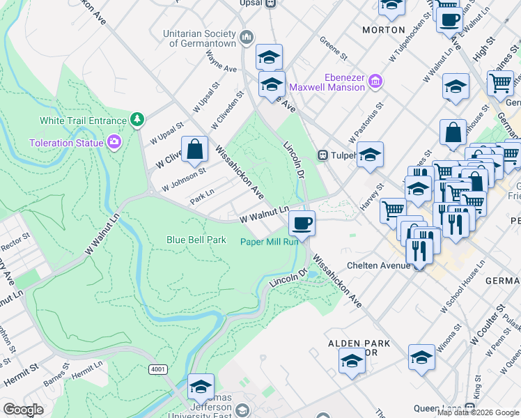 map of restaurants, bars, coffee shops, grocery stores, and more near 700 West Walnut Lane in Philadelphia