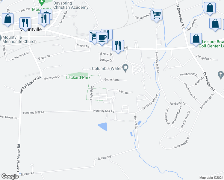 map of restaurants, bars, coffee shops, grocery stores, and more near 314 Talon Drive in Mountville