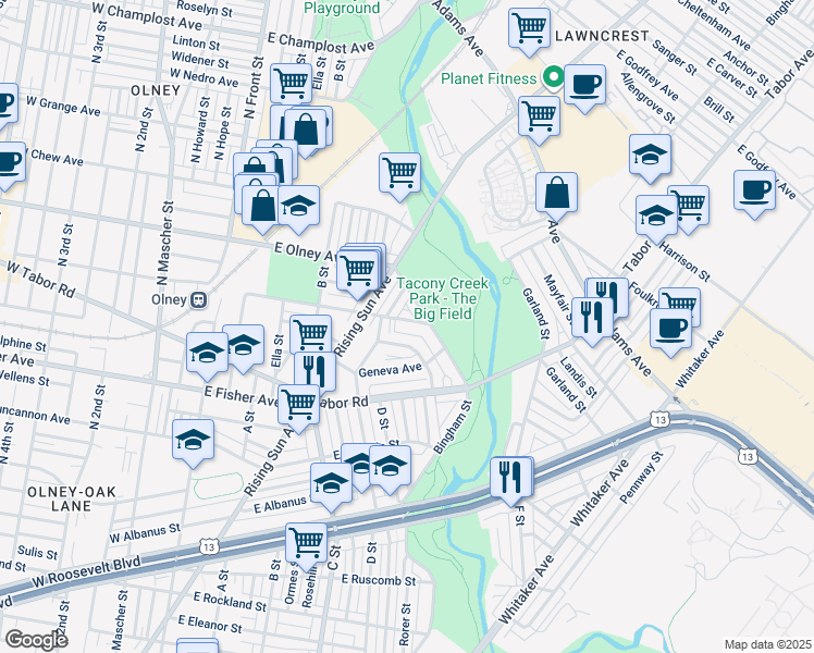 map of restaurants, bars, coffee shops, grocery stores, and more near 536 East Clarkson Avenue in Philadelphia