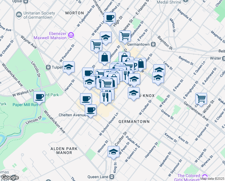 map of restaurants, bars, coffee shops, grocery stores, and more near 156 Maplewood Avenue in Philadelphia
