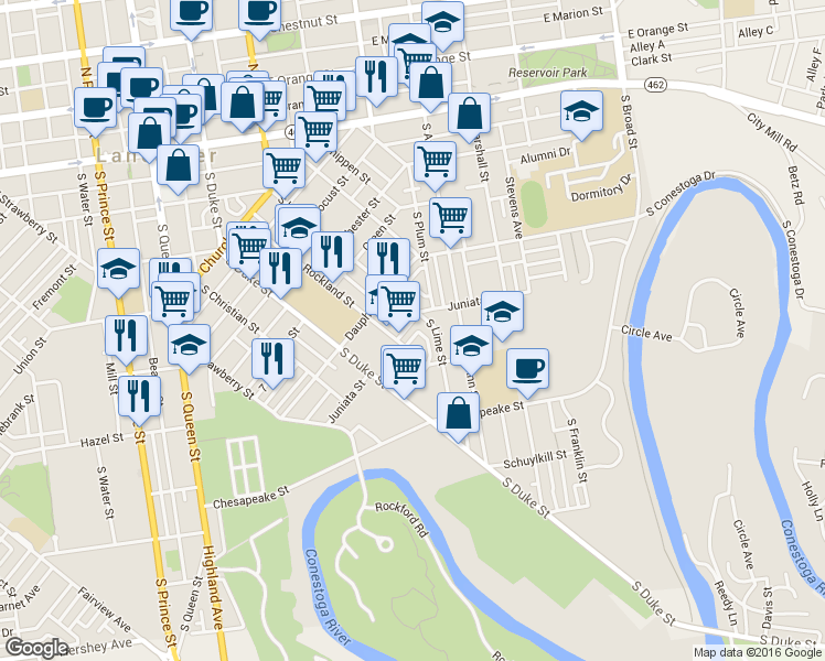 map of restaurants, bars, coffee shops, grocery stores, and more near 219 Juniata Street in Lancaster