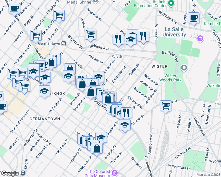 map of restaurants, bars, coffee shops, grocery stores, and more near 89 East Ashmead Street in Philadelphia