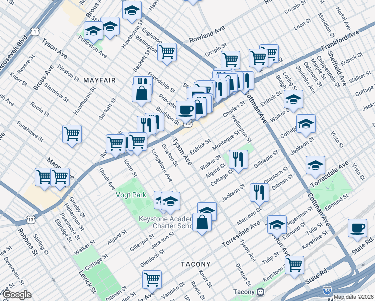 map of restaurants, bars, coffee shops, grocery stores, and more near 4209 Tyson Avenue in Philadelphia