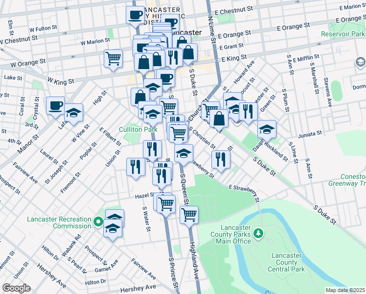 map of restaurants, bars, coffee shops, grocery stores, and more near 549 Howard Avenue in Lancaster
