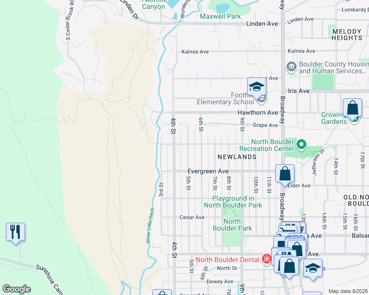 map of restaurants, bars, coffee shops, grocery stores, and more near 3189 5th Street in Boulder