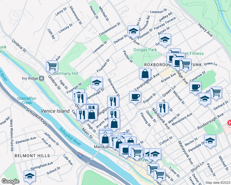 map of restaurants, bars, coffee shops, grocery stores, and more near 296 Leverington Avenue in Philadelphia