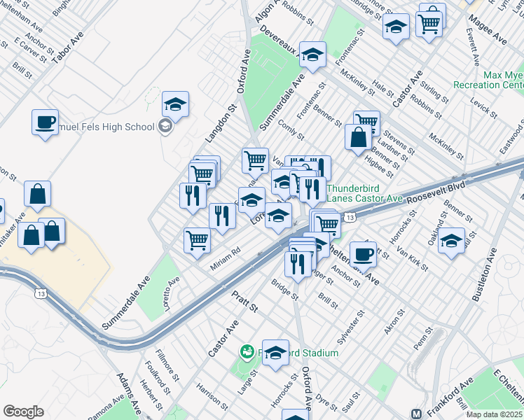 map of restaurants, bars, coffee shops, grocery stores, and more near 5450 Roosevelt Boulevard in Philadelphia