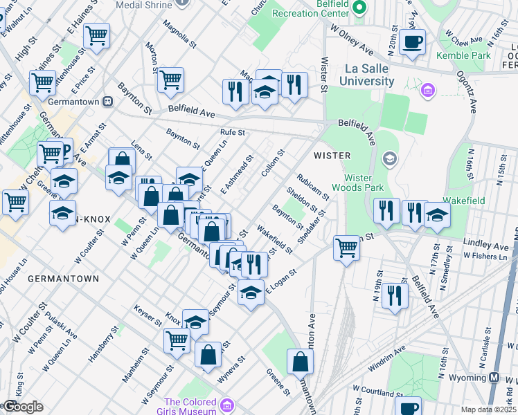 map of restaurants, bars, coffee shops, grocery stores, and more near 243 East Wister Street in Philadelphia