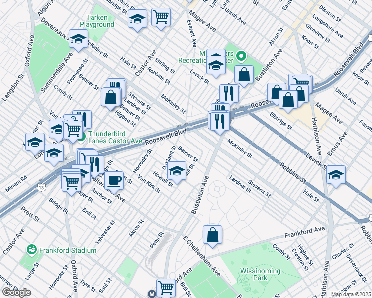 map of restaurants, bars, coffee shops, grocery stores, and more near 1627 Benner Street in Philadelphia