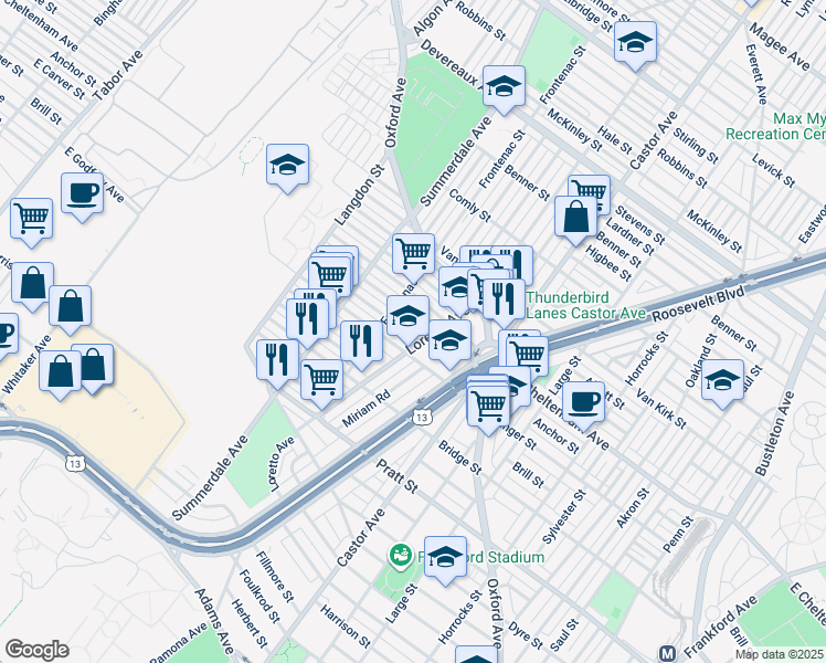 map of restaurants, bars, coffee shops, grocery stores, and more near 987 Carver Street in Philadelphia
