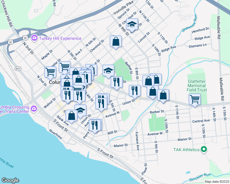 map of restaurants, bars, coffee shops, grocery stores, and more near 142 Lancaster Avenue in Columbia