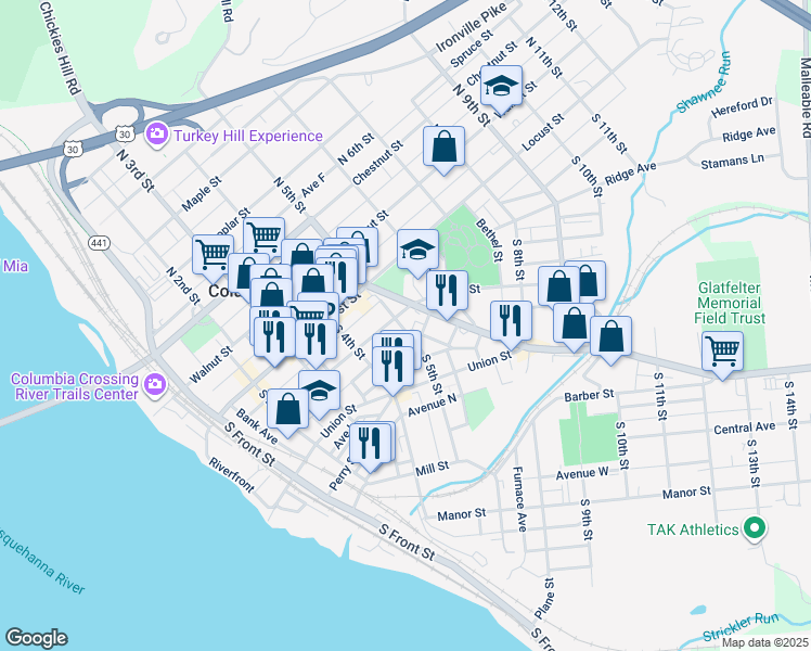 map of restaurants, bars, coffee shops, grocery stores, and more near 119 South 5th Street in Columbia