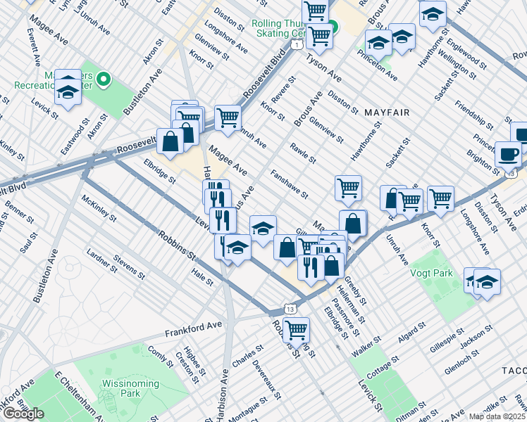 map of restaurants, bars, coffee shops, grocery stores, and more near 2942 Gilham Street in Philadelphia
