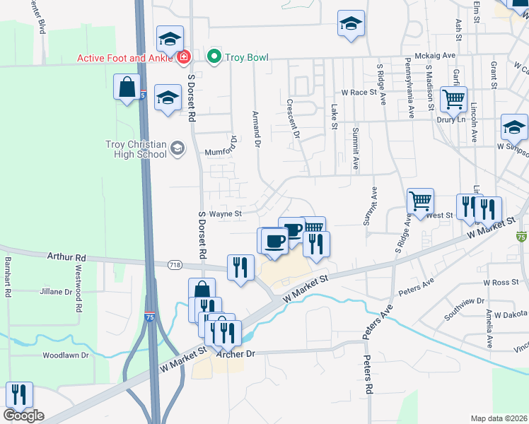 map of restaurants, bars, coffee shops, grocery stores, and more near 1480 Wayne Street in Troy