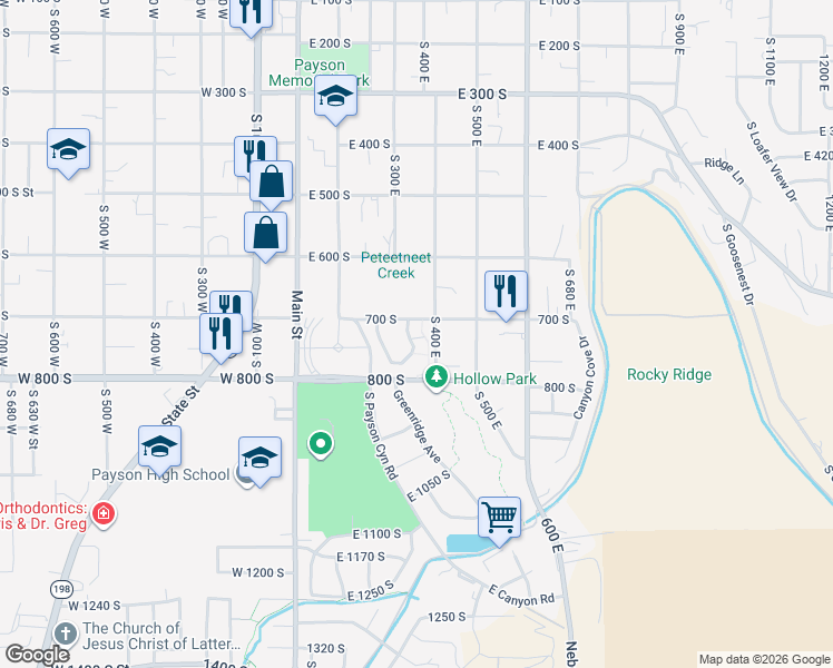 map of restaurants, bars, coffee shops, grocery stores, and more near 346 Jay Lane in Payson