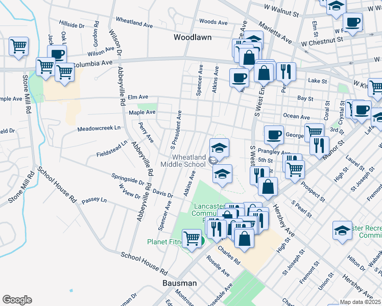 map of restaurants, bars, coffee shops, grocery stores, and more near 402 Spencer Avenue in Lancaster