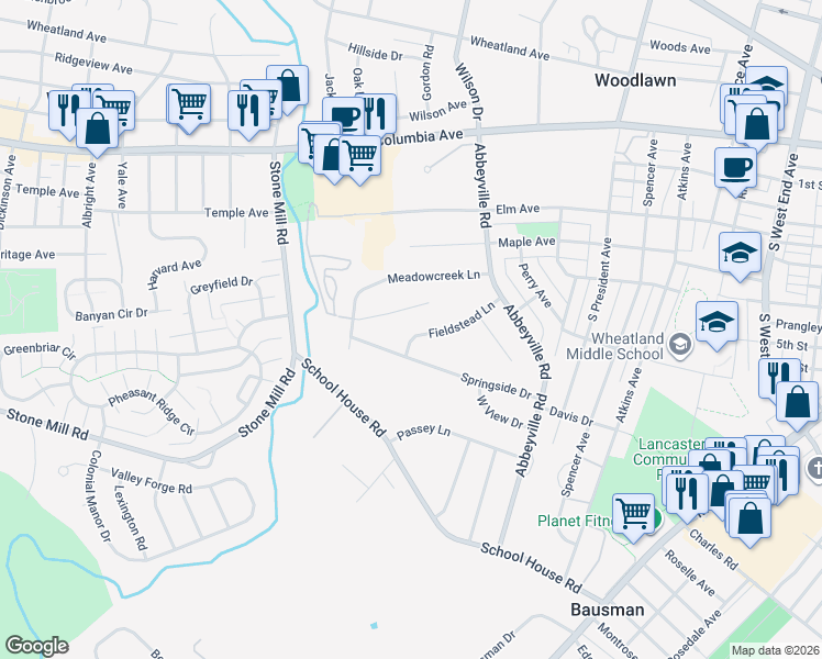map of restaurants, bars, coffee shops, grocery stores, and more near 1515 Springside Drive in Lancaster