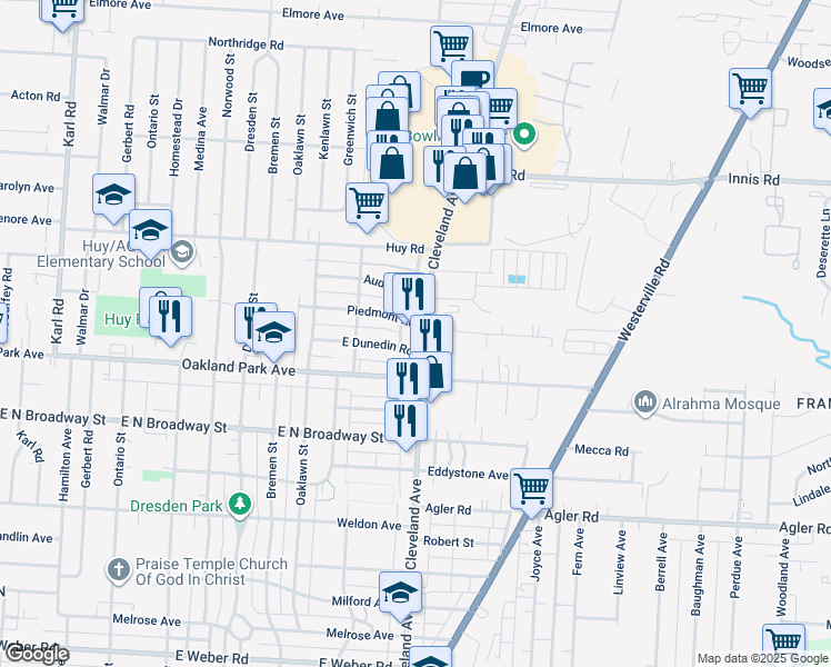 map of restaurants, bars, coffee shops, grocery stores, and more near 1795 East Dunedin Road in Columbus