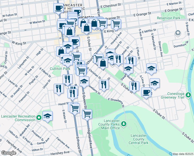 map of restaurants, bars, coffee shops, grocery stores, and more near 505 North Street in Lancaster