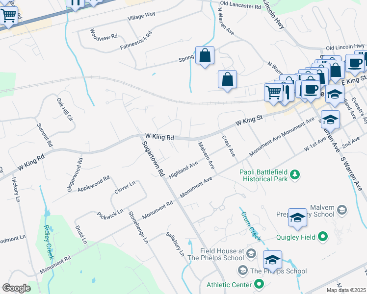 map of restaurants, bars, coffee shops, grocery stores, and more near 4 Goshorn Drive in Malvern