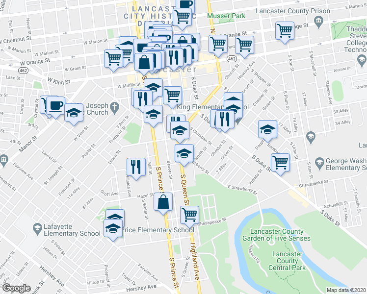 map of restaurants, bars, coffee shops, grocery stores, and more near 549 Howard Avenue in Lancaster