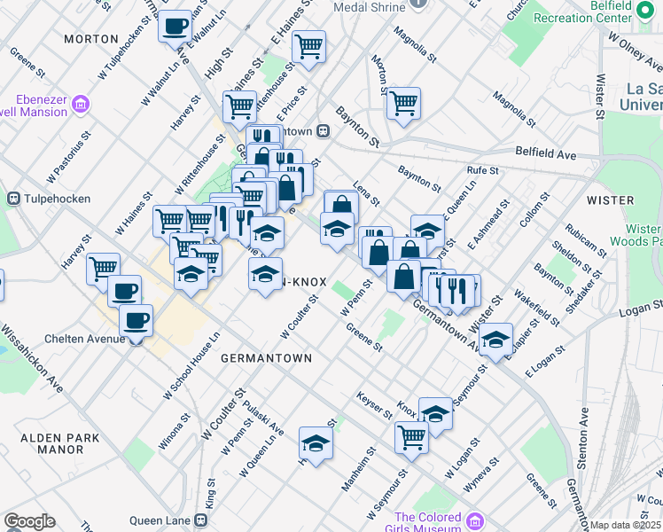 map of restaurants, bars, coffee shops, grocery stores, and more near 31 West Coulter Street in Philadelphia