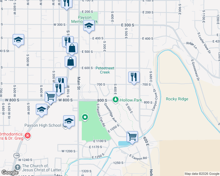 map of restaurants, bars, coffee shops, grocery stores, and more near 346 Jay Lane in Payson