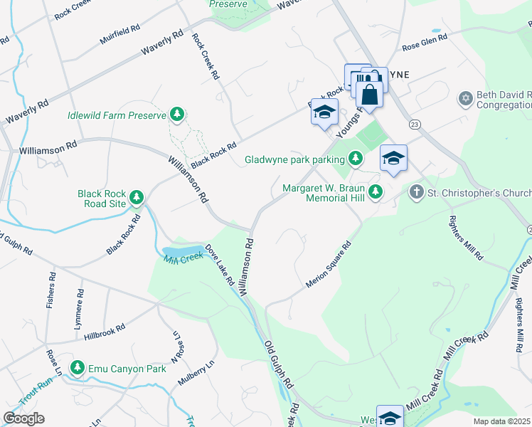 map of restaurants, bars, coffee shops, grocery stores, and more near 817 Youngs Ford Road in Gladwyne