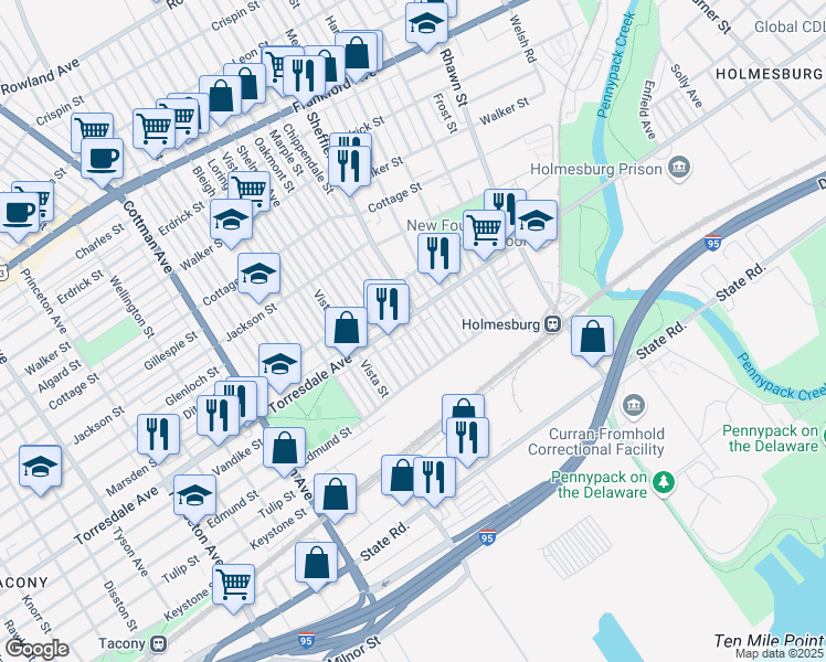 map of restaurants, bars, coffee shops, grocery stores, and more near 4715 Marple Street in Philadelphia