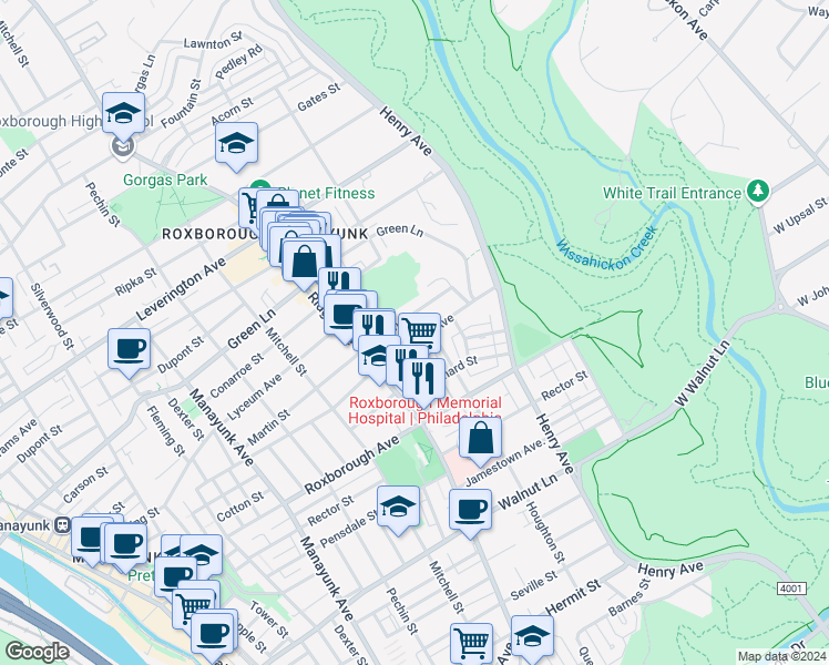 map of restaurants, bars, coffee shops, grocery stores, and more near 538 Monastery Avenue in Philadelphia