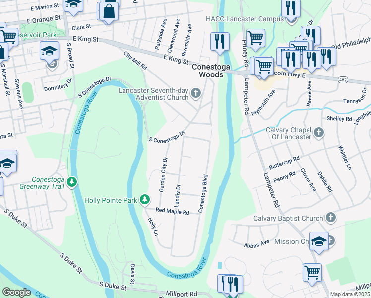 map of restaurants, bars, coffee shops, grocery stores, and more near 81 Landis Drive in Lancaster
