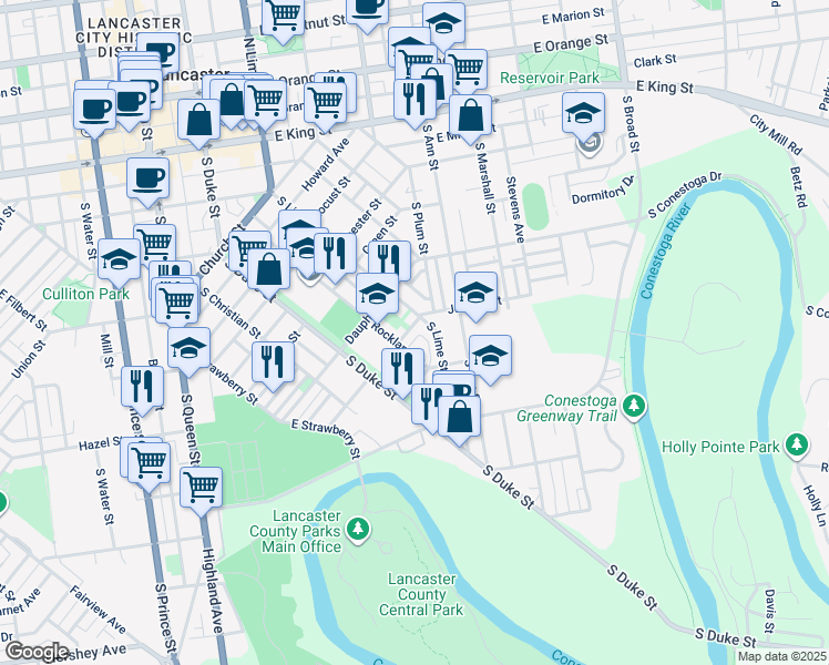 map of restaurants, bars, coffee shops, grocery stores, and more near 217 Juniata Street in Lancaster