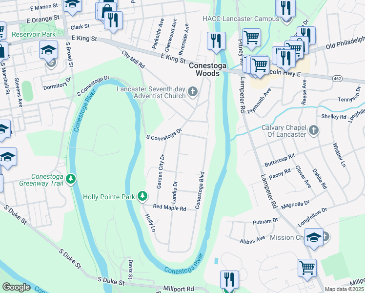 map of restaurants, bars, coffee shops, grocery stores, and more near 81 Landis Drive in Lancaster