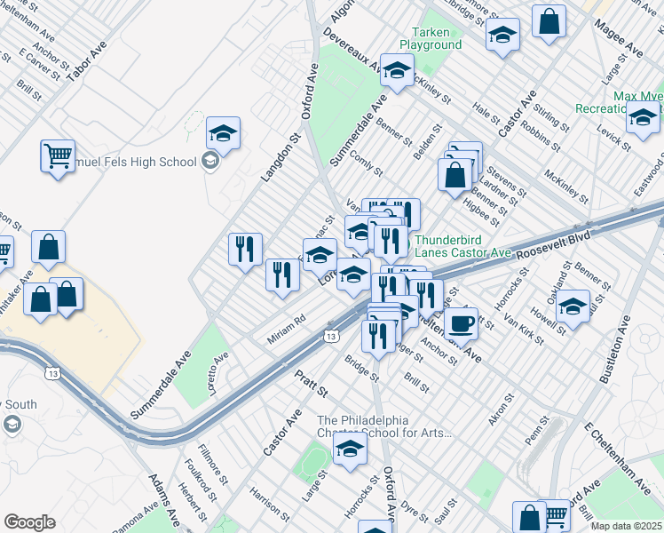 map of restaurants, bars, coffee shops, grocery stores, and more near 994 Anchor Street in Philadelphia
