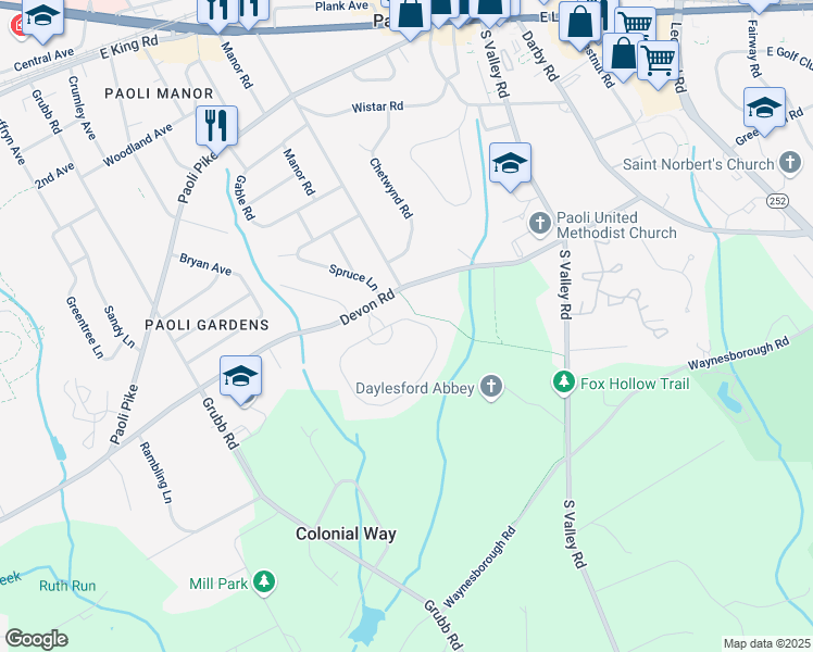 map of restaurants, bars, coffee shops, grocery stores, and more near 139 Chapel Hill Circle in Paoli