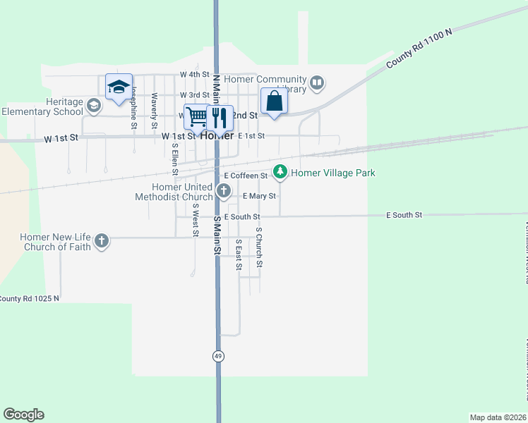 map of restaurants, bars, coffee shops, grocery stores, and more near 406 South Church Street in Homer