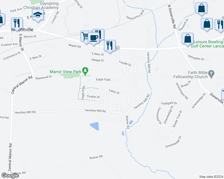 map of restaurants, bars, coffee shops, grocery stores, and more near 414 Talon Drive in Mountville