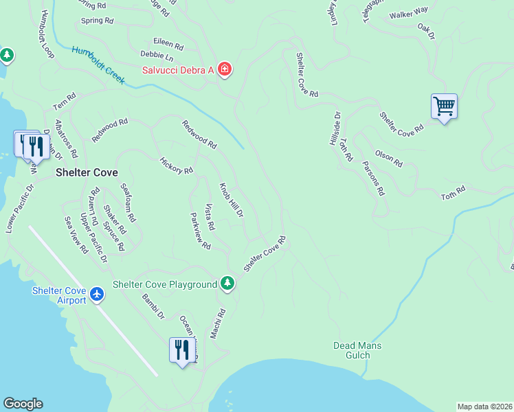 map of restaurants, bars, coffee shops, grocery stores, and more near 479 Nob Hill Court in Whitethorn