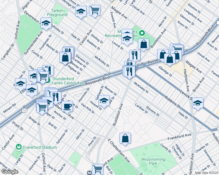 map of restaurants, bars, coffee shops, grocery stores, and more near 1627 Benner Street in Philadelphia
